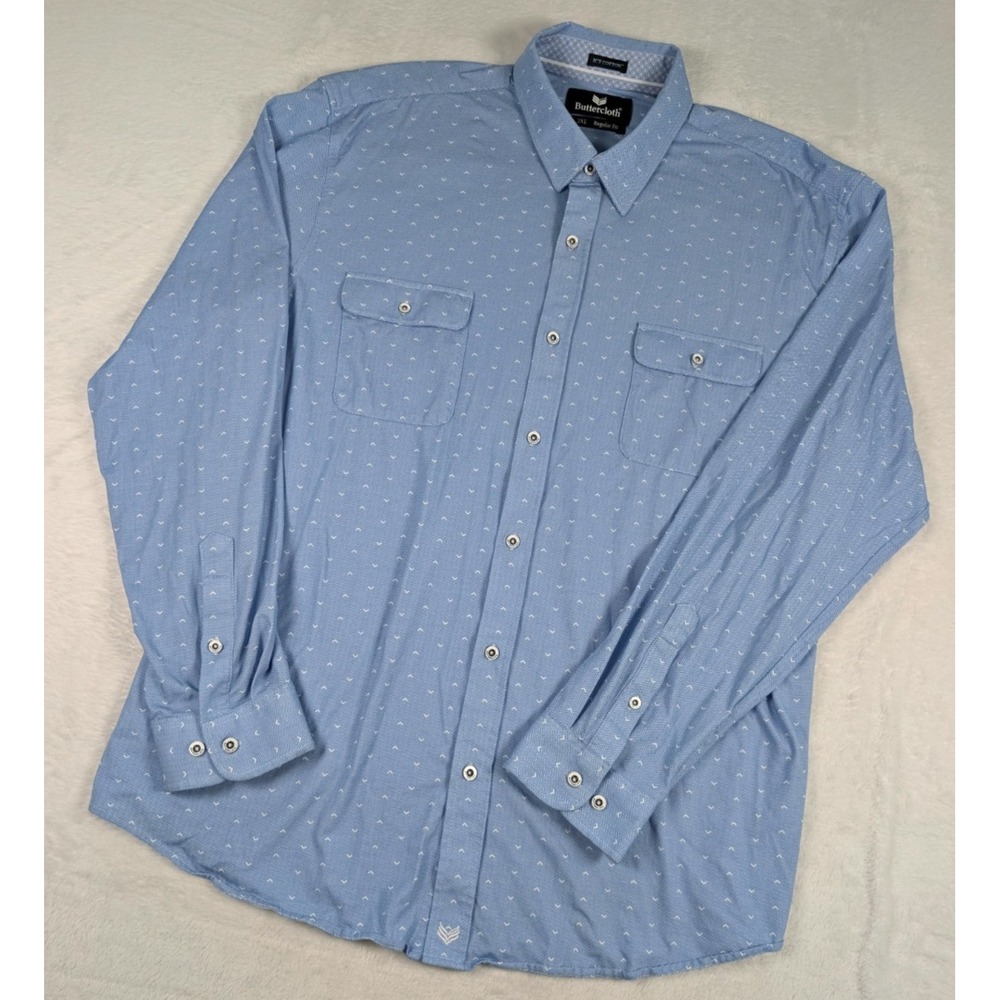 Buttercloth Icy Cotton Long Sleeve Shirt Mens 2XL Reg Fit Blue Geometric AOP - Picture 2 of 9
